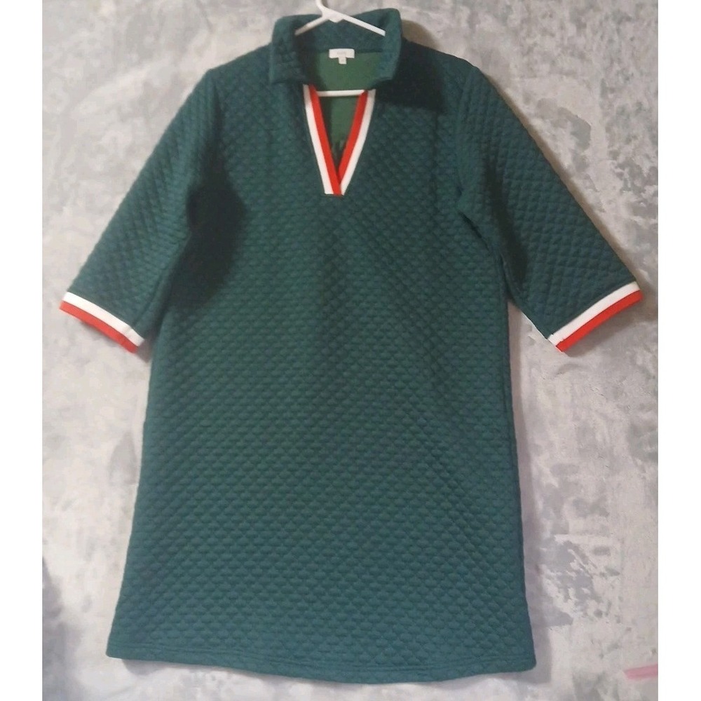 Voy Midi Shift Dress M Quilted Cozy Comfort Polo Green Red White Trim 3/4 Sleeve